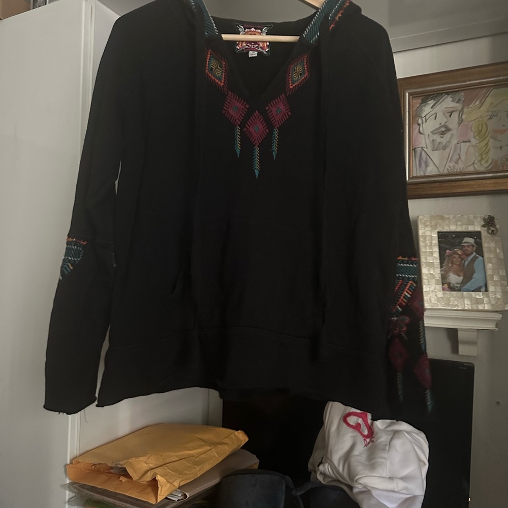 Johnny Was Black Hoodie with Multicolor Embroidered Tribal Accents